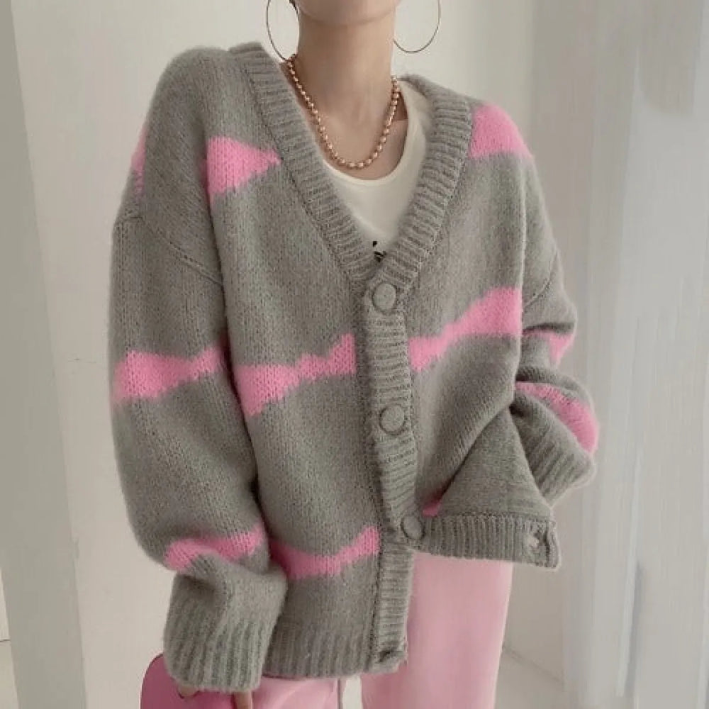 Striped Korean V-Neck Loose Cardigan Sweater - Sweaters - Cardigan - 1