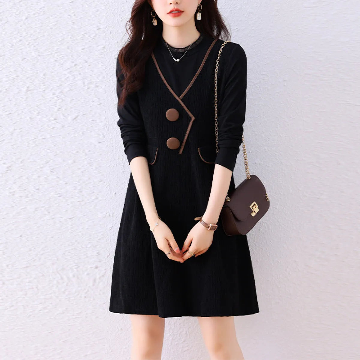 Plus Size Fake Two-Piece Spliced Black Midi Dress - All Dresses - Midi Dress - 3
