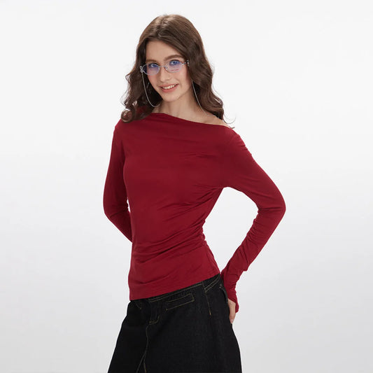 Irregular Slant Collar Slim Long Sleeve T-Shirt - T-Shirts - T-Shirt - 2