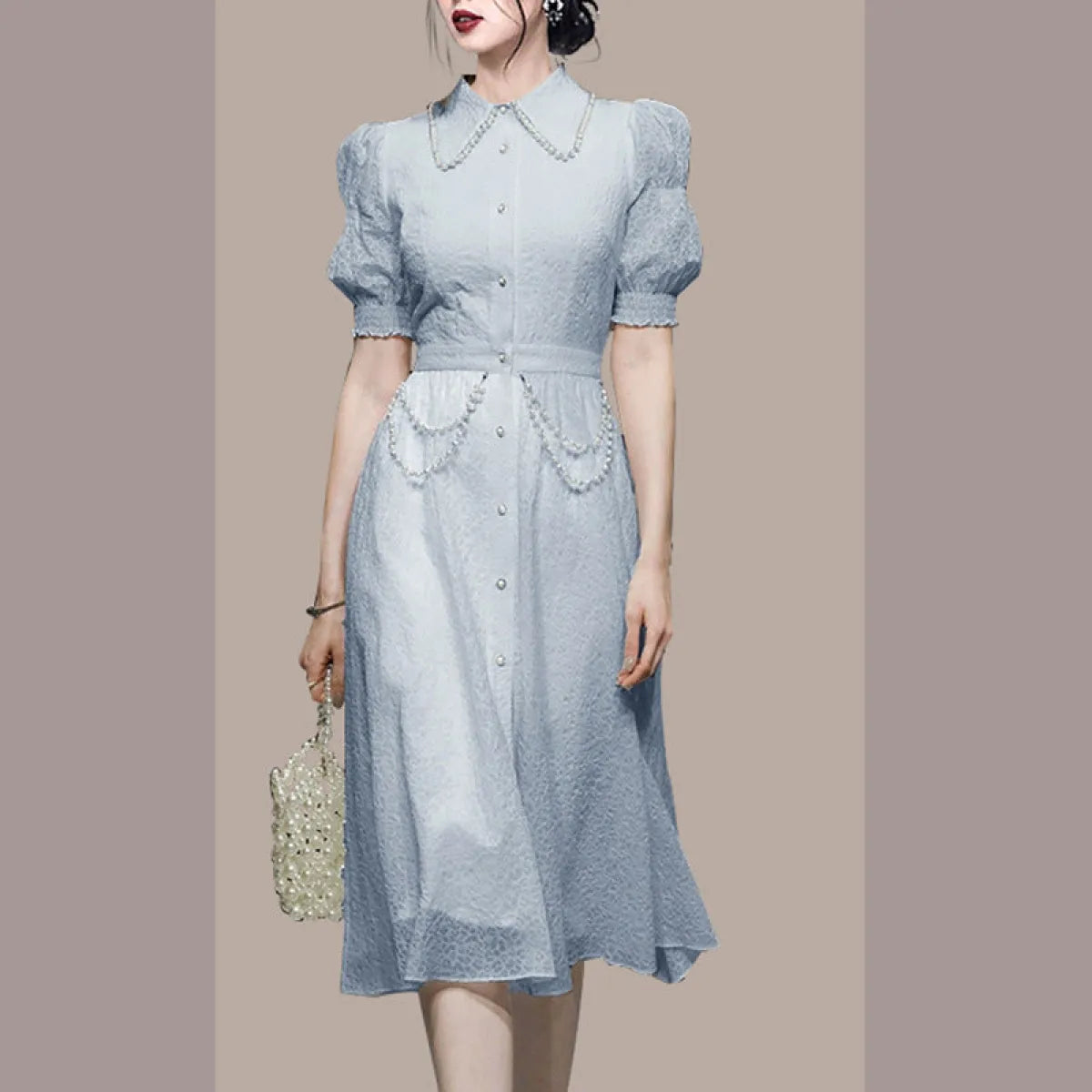 Blue Retro Lantern Sleeve Midi Dress - All Dresses - Midi Dress - 3
