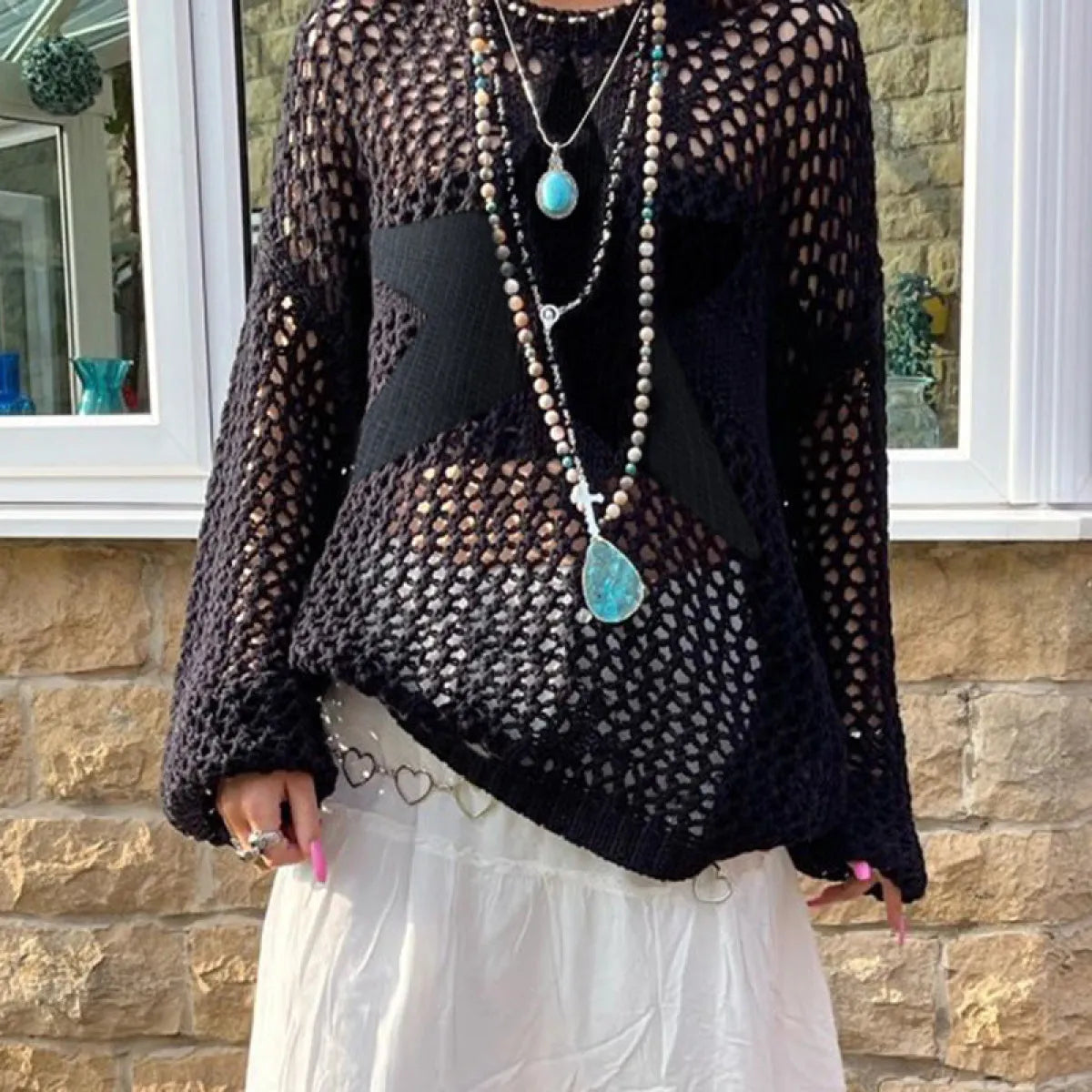 Star Cut-Out Sheer Knit Pullover - Sweaters - Sweater / Pullover - 4