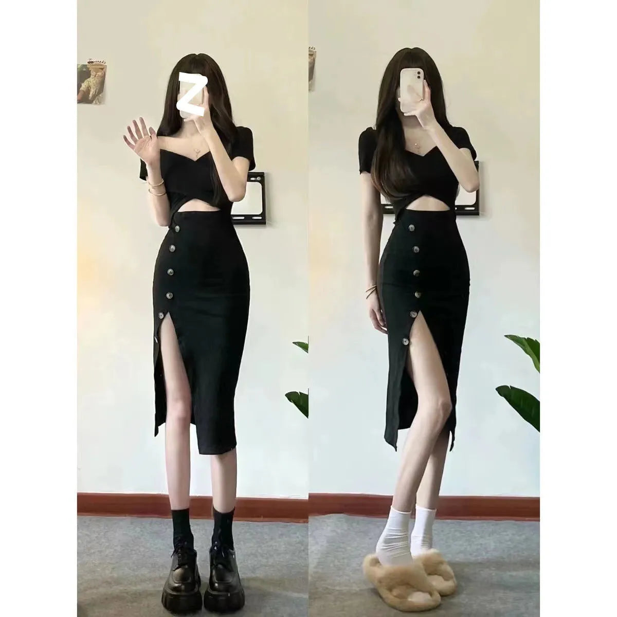 Black V-Neck High Waist Slit Midi Dress - All Dresses - Midi Dress - 5