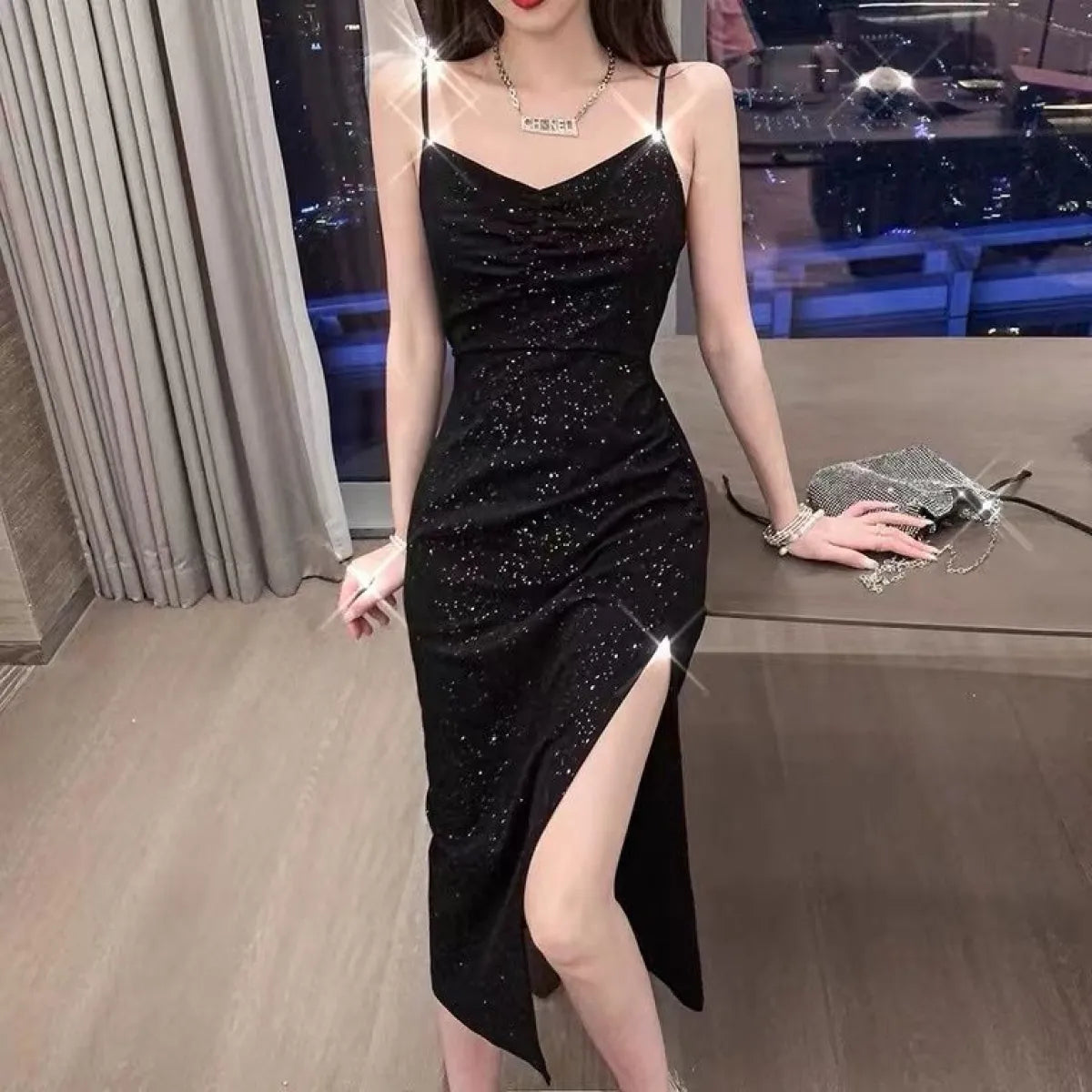 Hepburn Black Sequin Split Midi Dress - All Dresses - Midi Dress - 6