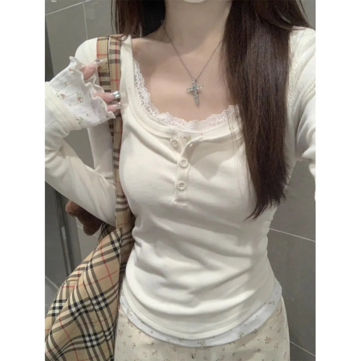 Lace Floral Fake Two-Piece Slim Fit T-Shirt - T-Shirts - T-Shirt - 6