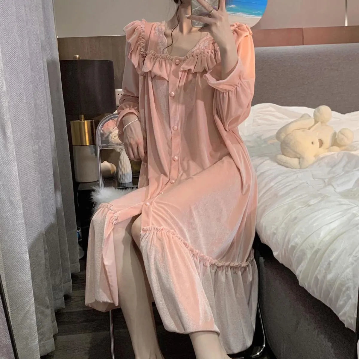 Gold Velvet Palace Style Long Sleeve Nightgown - Best Sellers - Maxi Dress - 3