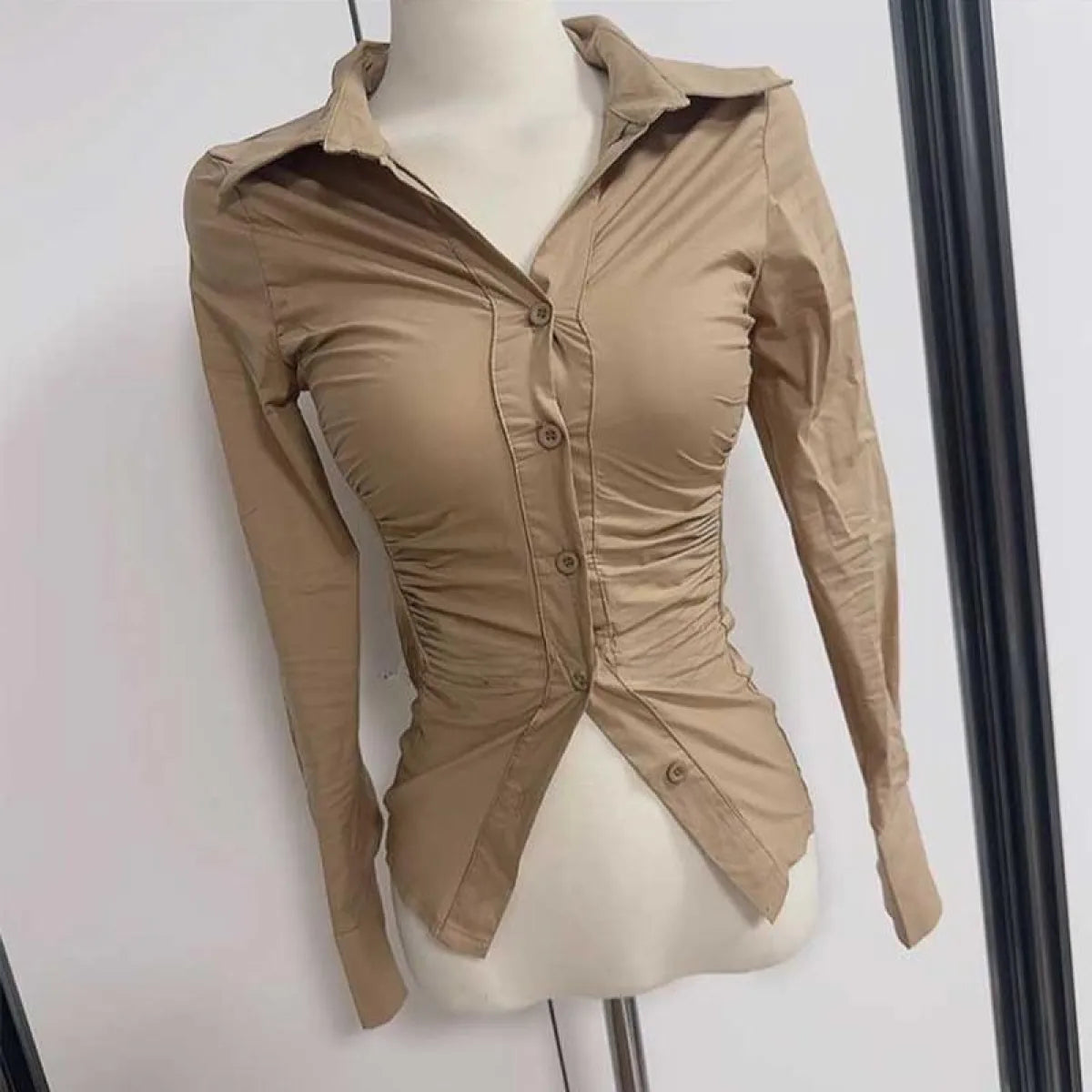 Slim Fit Lapel Pleated OL Long Sleeve Shirt - T-Shirts - Blouse - 5