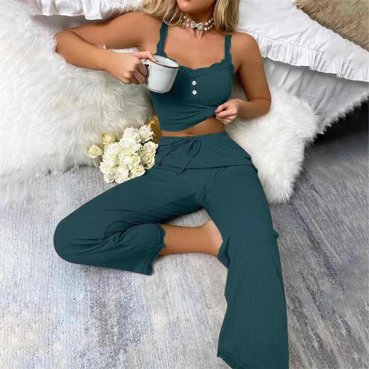 Lace V-Neck Cami Pajama Set with Trousers - Camis & Tops - Sets / Co-ords - 9