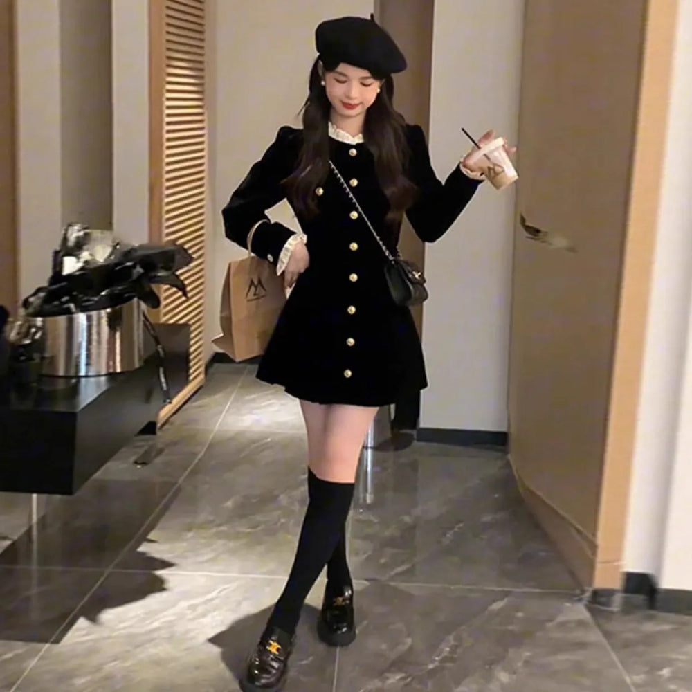 French Hepburn Style Black Ruffle Mini Dress - All Dresses - Mini Dress - 1