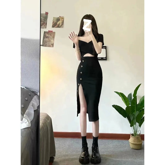 Black V-Neck High Waist Slit Midi Dress - All Dresses - Midi Dress - 2
