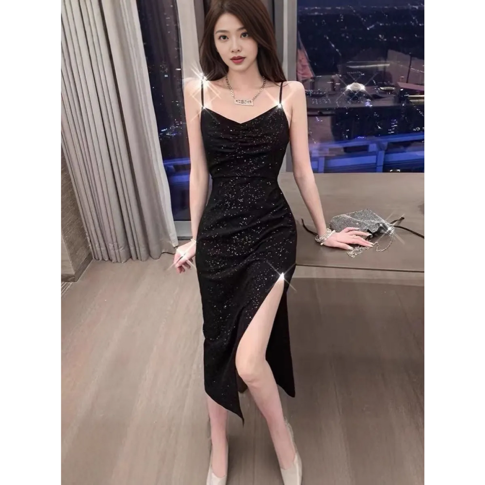 Hepburn Black Sequin Split Midi Dress - All Dresses - Midi Dress - 1