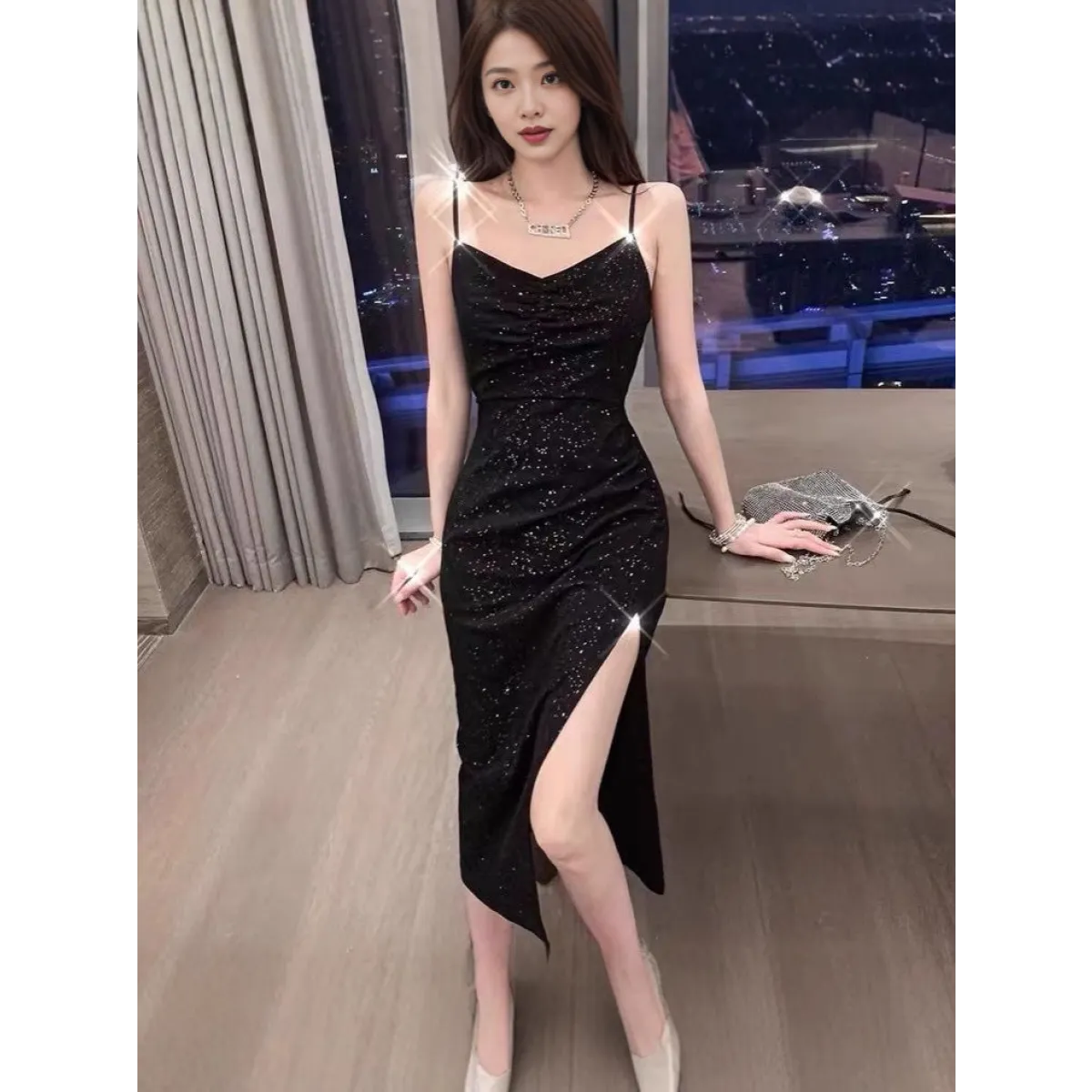 Hepburn Black Sequin Split Midi Dress - All Dresses - Midi Dress - 1