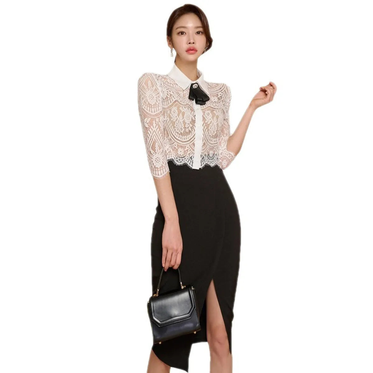 Lapel Bow Lace Top & High Waist Skirt Set - Bottoms - Sets / Co-ords - 5