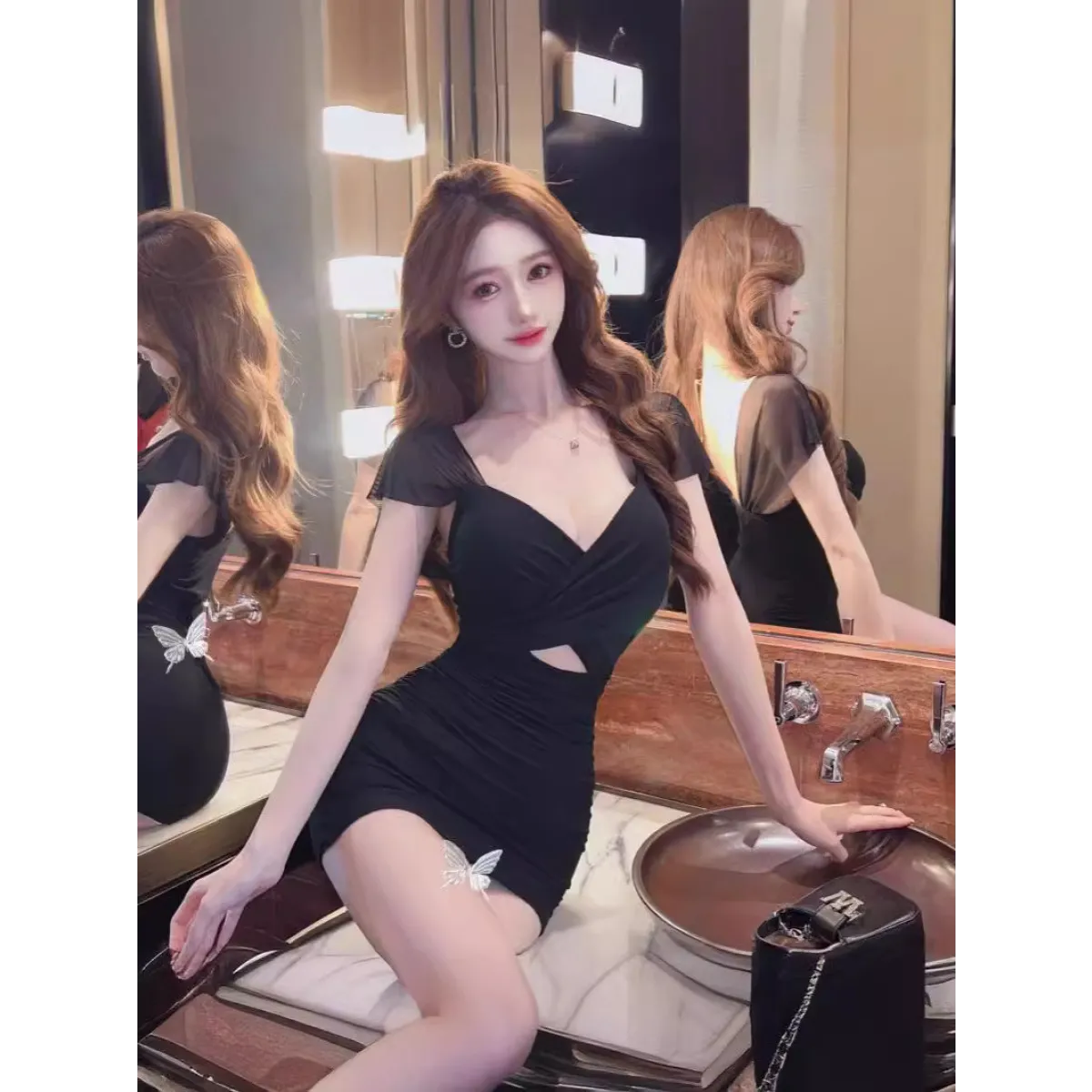 Sexy V-Neck Mesh Hollow-Out Mini Dress - All Dresses - Mini Dress - 3