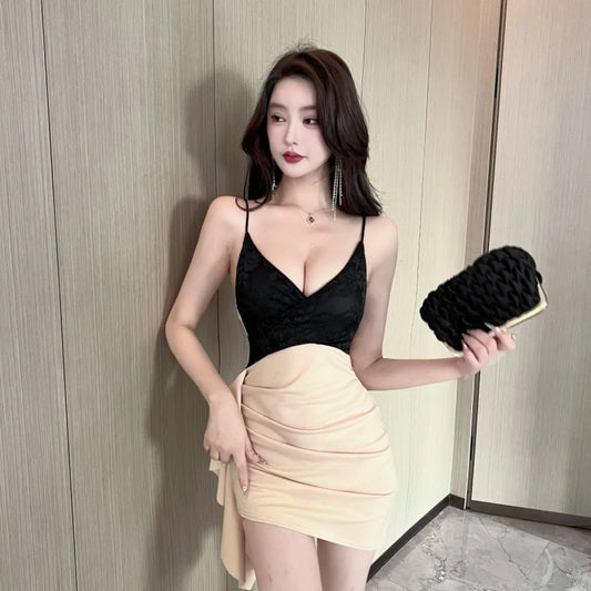 Lace Contrast Suspender V-Neck Mini Dress - All Dresses - Mini Dress - 8