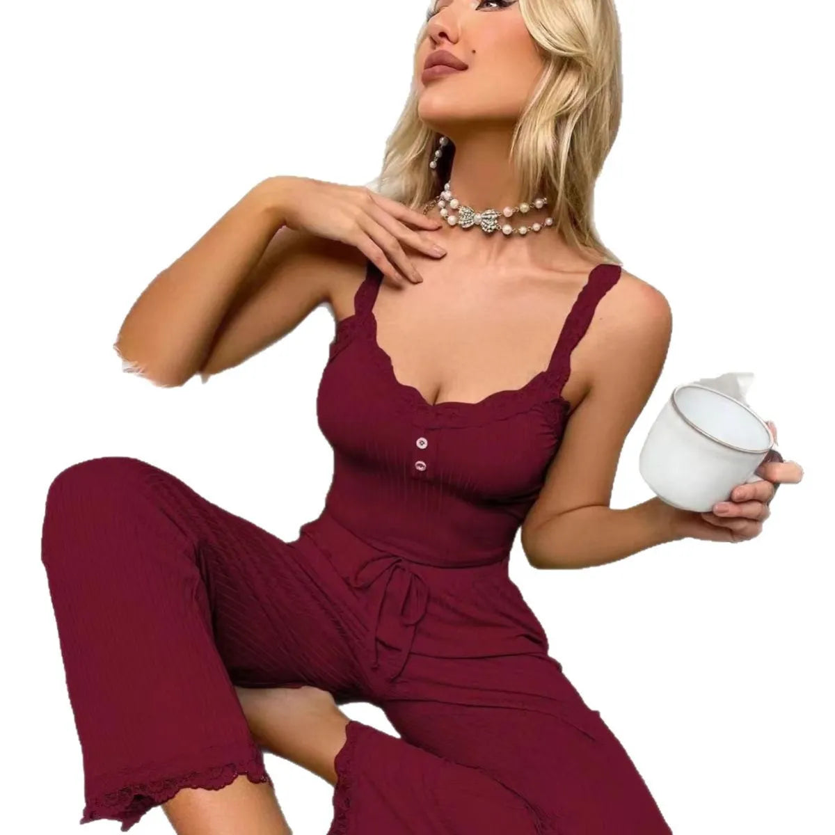 Lace V-Neck Cami Pajama Set with Trousers - Camis & Tops - Sets / Co-ords - 3