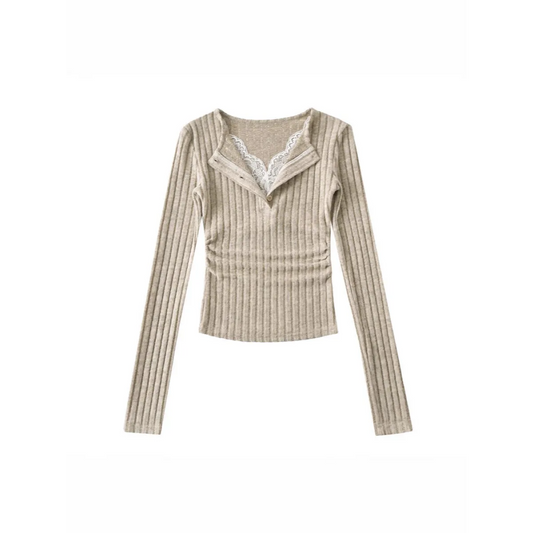 Sweet & Spicy Lace V-Neck Faux Two-Piece Sweater - Sweaters - Sweater / Pullover - 1