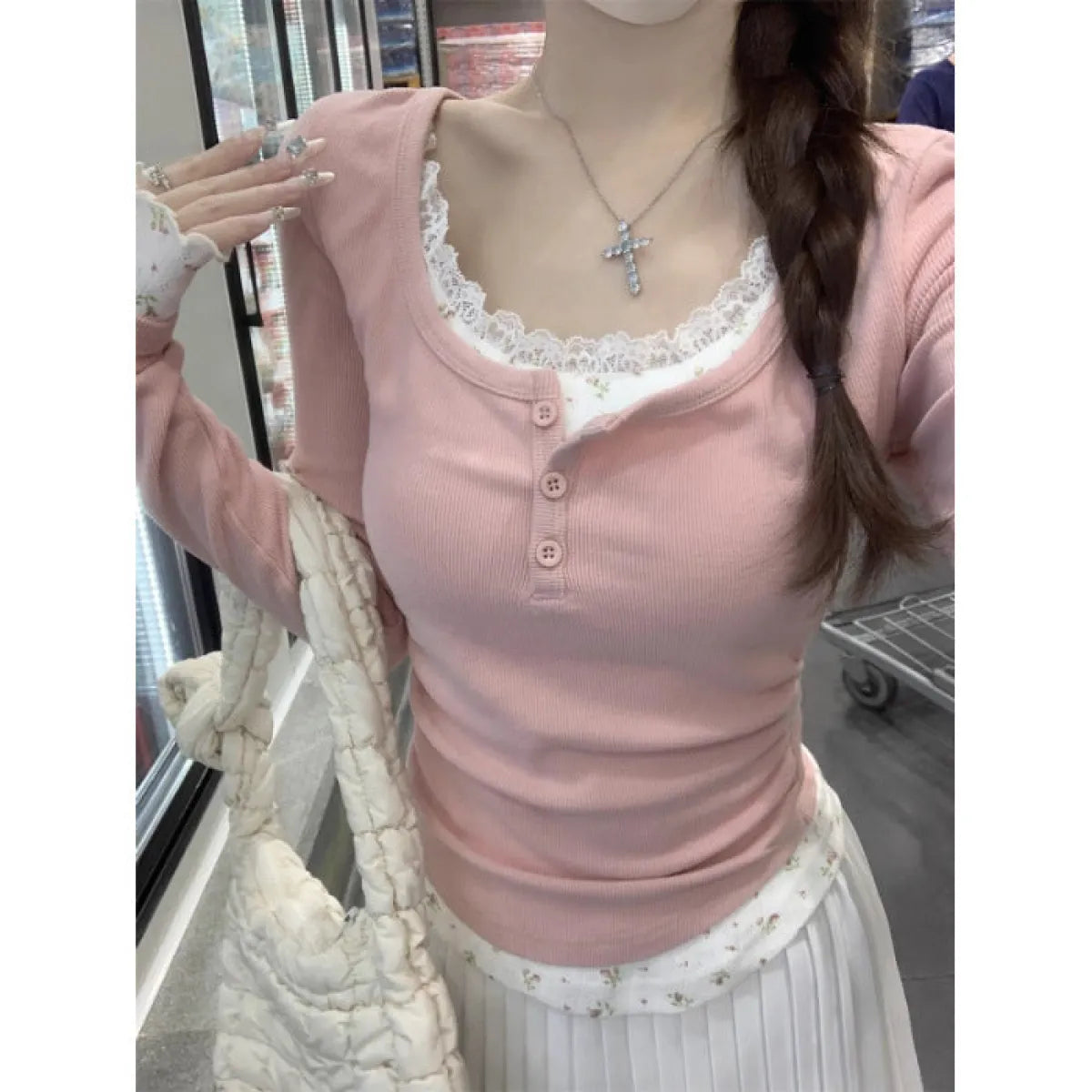 Lace Floral Fake Two-Piece Slim Fit T-Shirt - T-Shirts - T-Shirt - 7