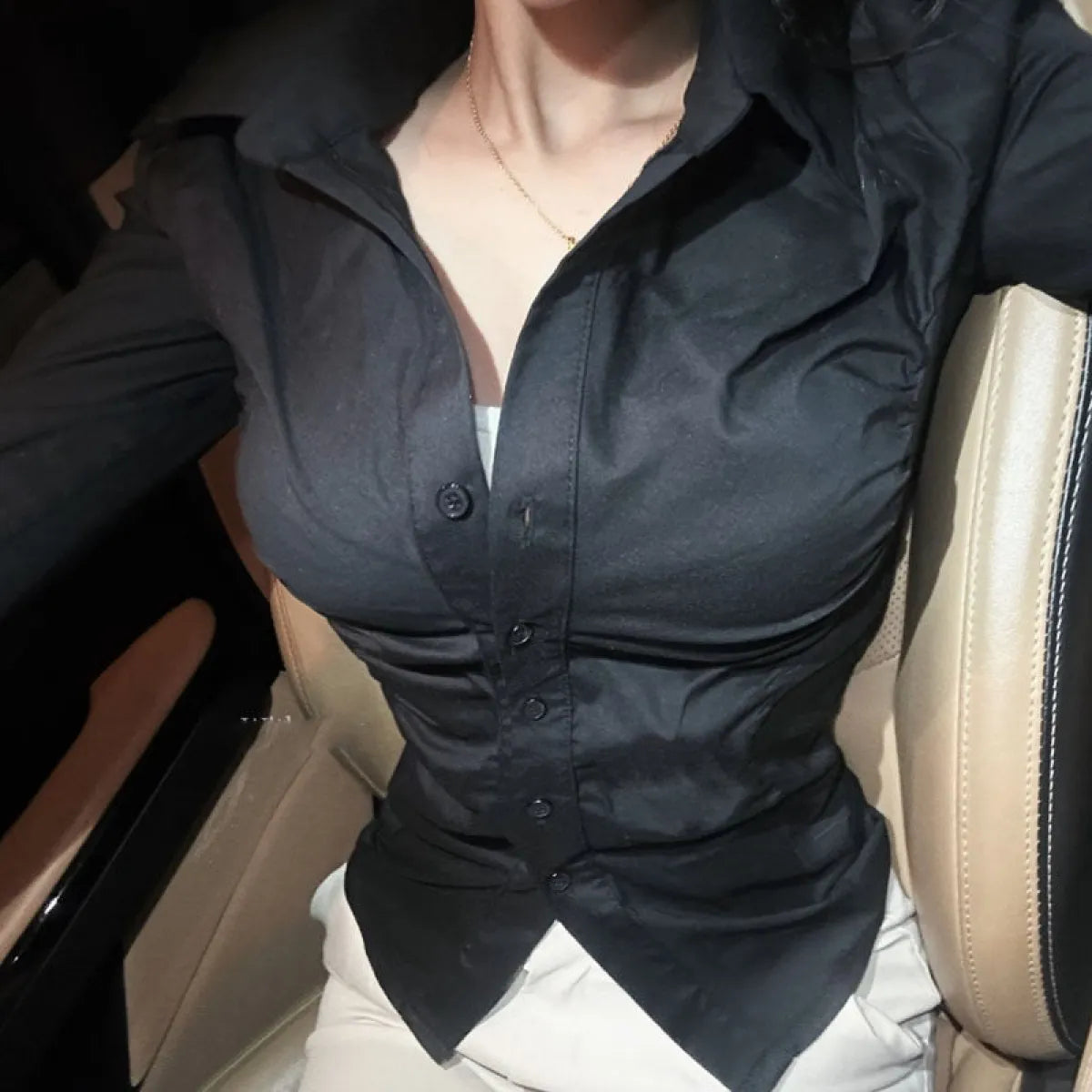 Slim Fit Lapel Pleated OL Long Sleeve Shirt - T-Shirts - Blouse - 7