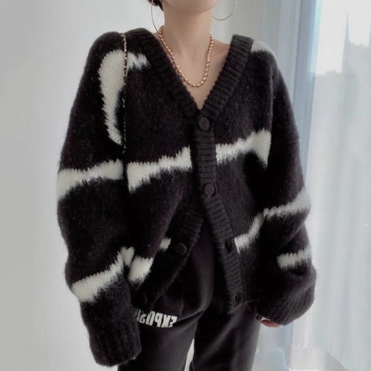 Striped Korean V-Neck Loose Cardigan Sweater - Sweaters - Cardigan - 5