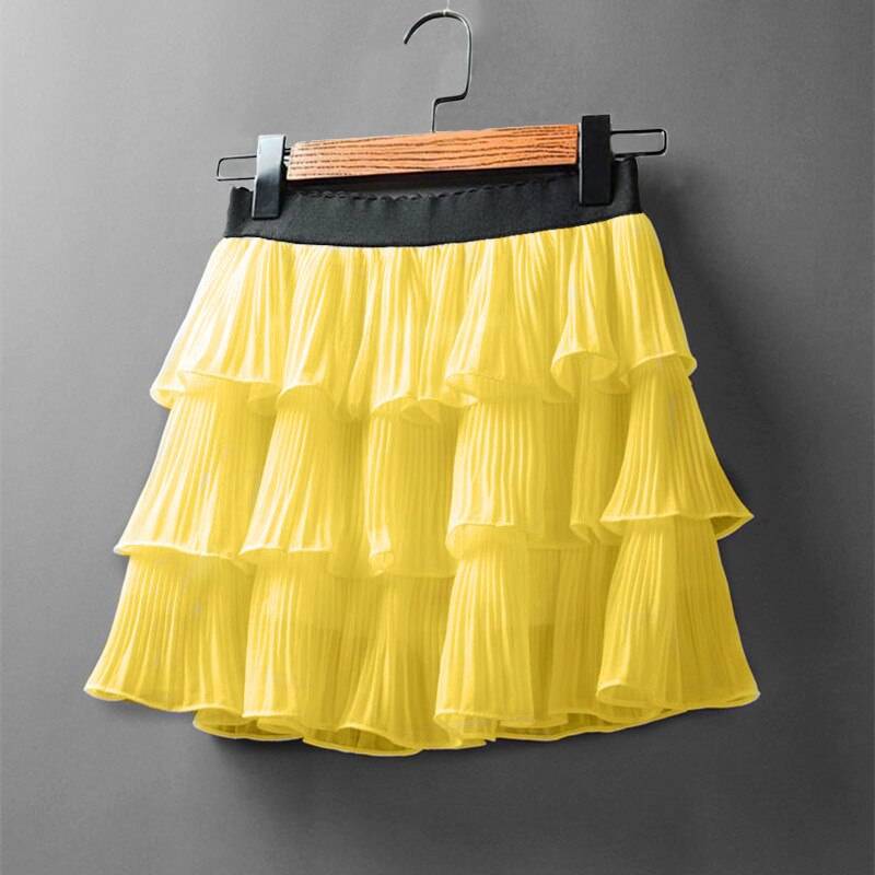 Boho Ruffle Mini Skirt With Elastic Waist - Kawaii Stop - Adorable, Black, Boho, Bottoms, Chiffon, Cute, Elastic Waist, Fashion, Harajuku, Japanese, Kawaii, Korean, Mini, Mini Skirt, Navy Blue, Pleated, Polyester, Ruffle, Skirt, Skirts, White, Women's Clothing &amp; Accessories, Yellow