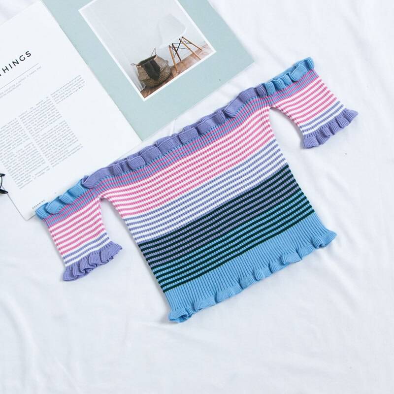 Rainbow Striped Crop Top - Kawaii Stop - Butterfly Sleeve, Camis &amp; Tops, Casual, Cute, Fashion, Harajuku, Japanese, Kawaii, Knitted, Korean, Polyester, Short Sleeve, Slash Neck, Streetwear, Striped, Top, Tops &amp; Tees, Women's Clothing &amp; Accessories