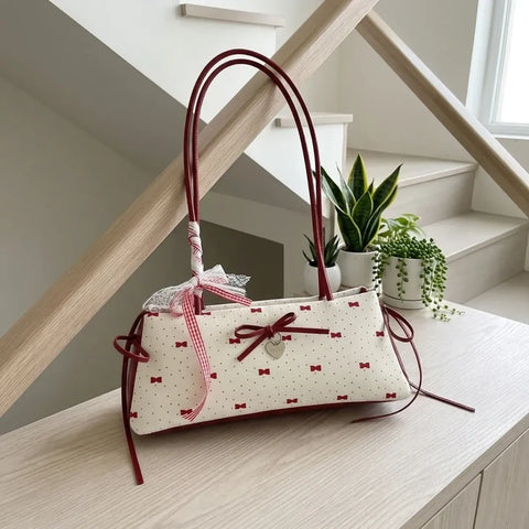 Polka Dot Bow Baguette Shoulder Bag