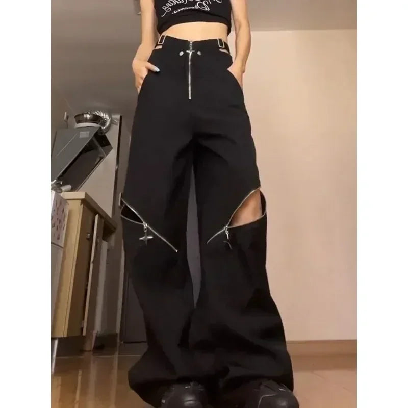 Black Gothic Cargo Pants - Oversized Harajuku Techwear - Kawaii Stop - Ankle-Lengt, Cargo Pants, Gothic, Harajuku Fashion, Loose Fit, Polyester, Techwear, Women