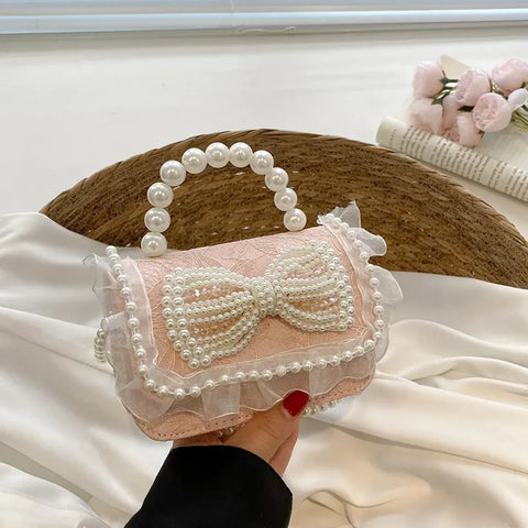 Lace Pearl Bow Mini Square Crossbody Bag