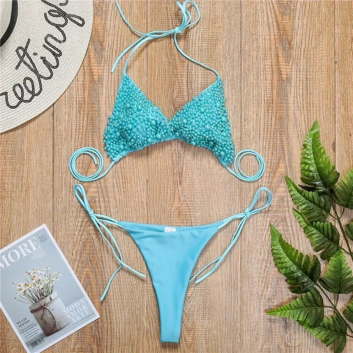 Pearl String Thong Bikini Y2K Halter Set - Swimsuits - Swimsuit / Bikini / One-Piece Swimwear - 1