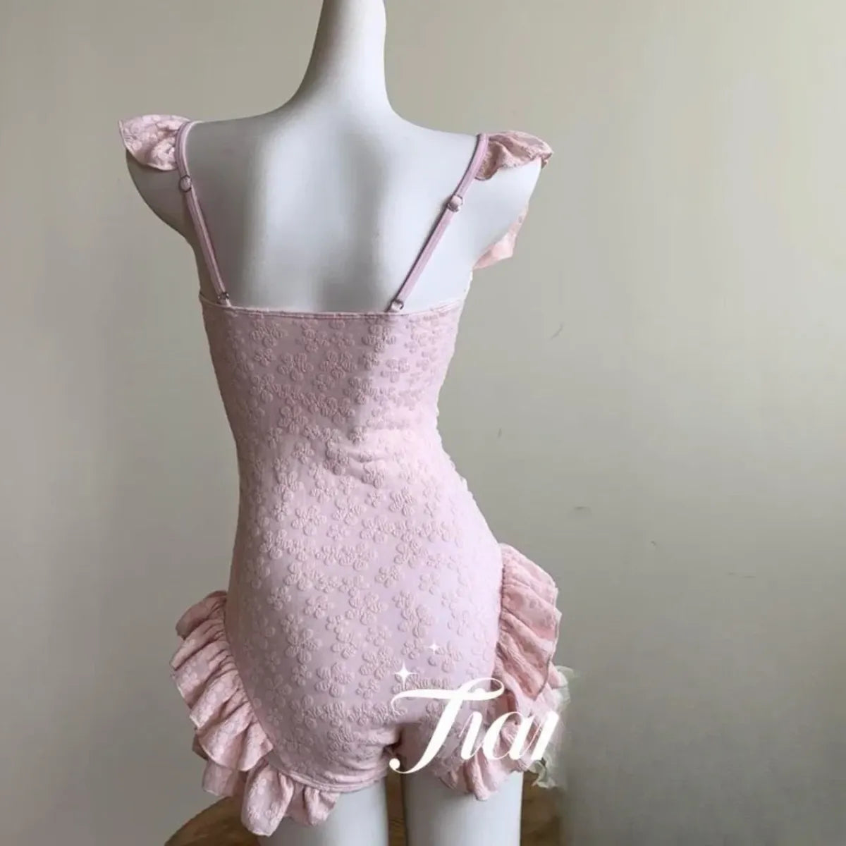 Pink Jacquard Bow Square Neck Swim Set - Women’s - Swimsuit / Bikini / One-Piece Swimwear - 1