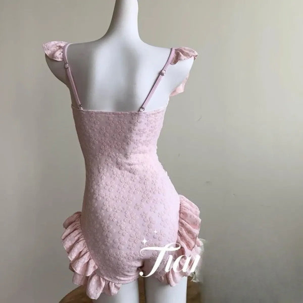 Pink Jacquard Bow Square Neck Swim Set - Women’s - Swimsuit / Bikini / One-Piece Swimwear - 1