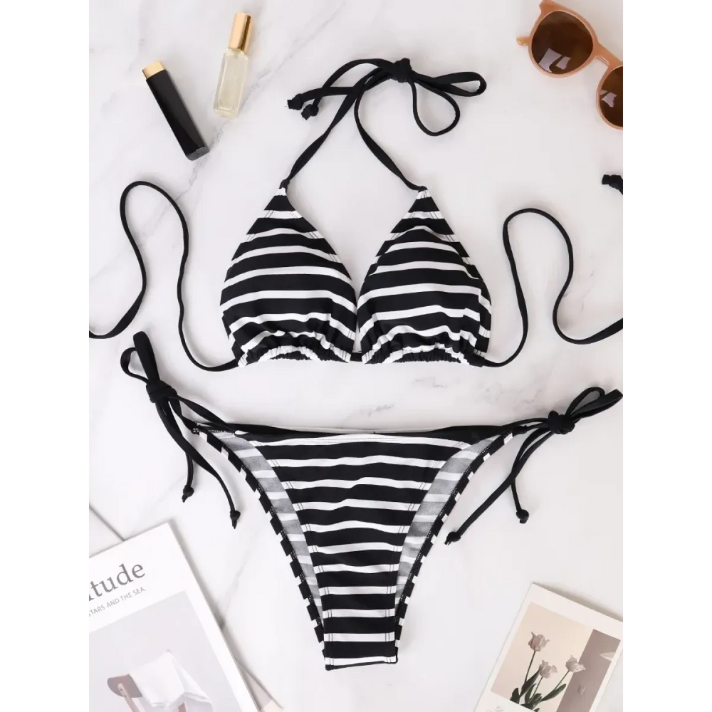 Black & White Striped Triangle Bikini Set - Swimsuits - Swimsuit / Bikini / One-Piece Swimwear - 1