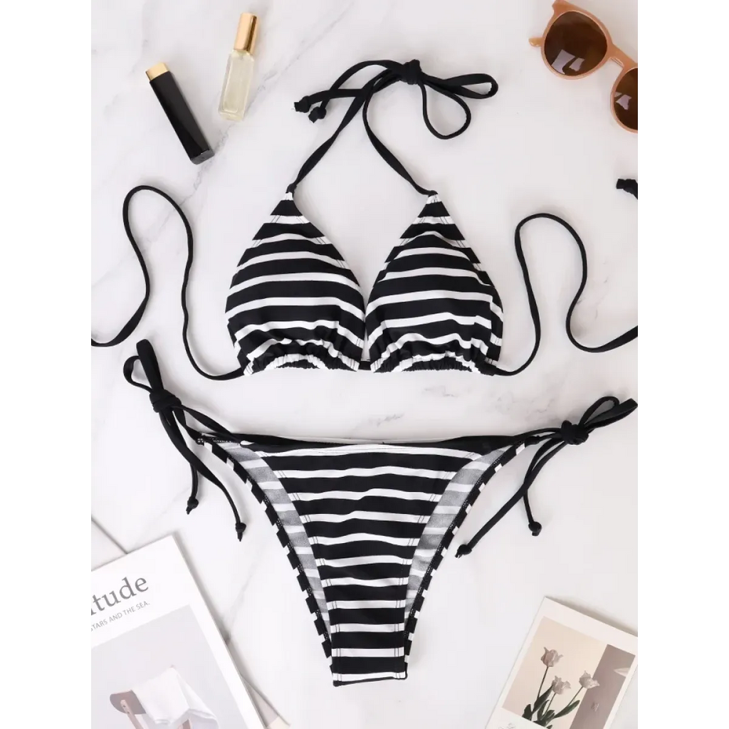 Black & White Striped Triangle Bikini Set - Swimsuits - Swimsuit / Bikini / One-Piece Swimwear - 1