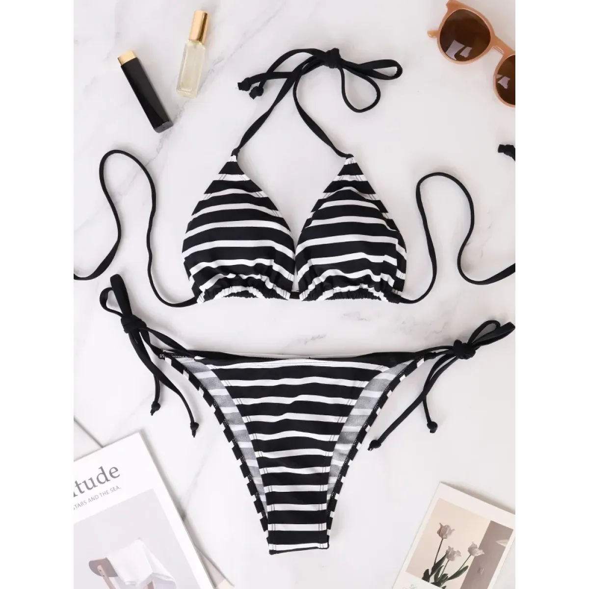 Black & White Striped Triangle Bikini Set - Swimsuits - Swimsuit / Bikini / One-Piece Swimwear - 1