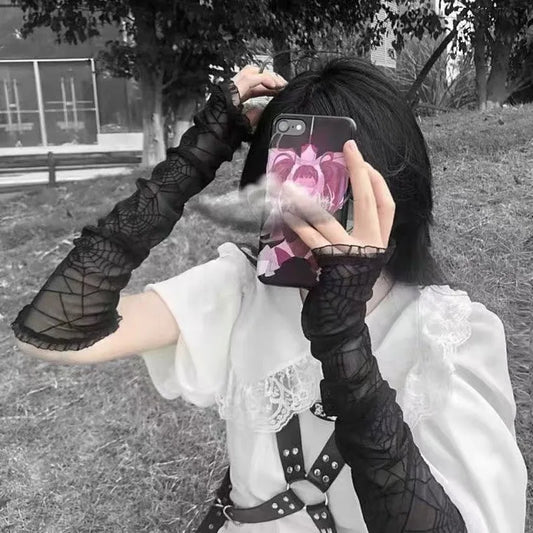 Black Spider Web Lace Gloves - Gothic Punk Harajuku Fashion
