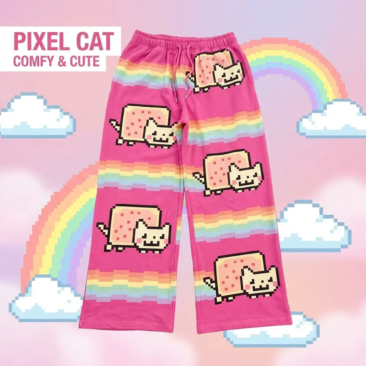 Pink Cartoon Cat Loose Y2K Jogger Pants - Bottoms - Joggers / Sweatpants - 1