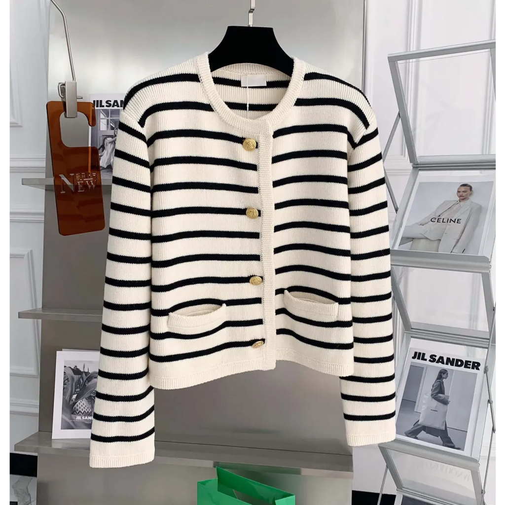 Striped Knit O-Neck Cropped Cardigan - Women’s Clothing & Accessories - Cardigan - 4