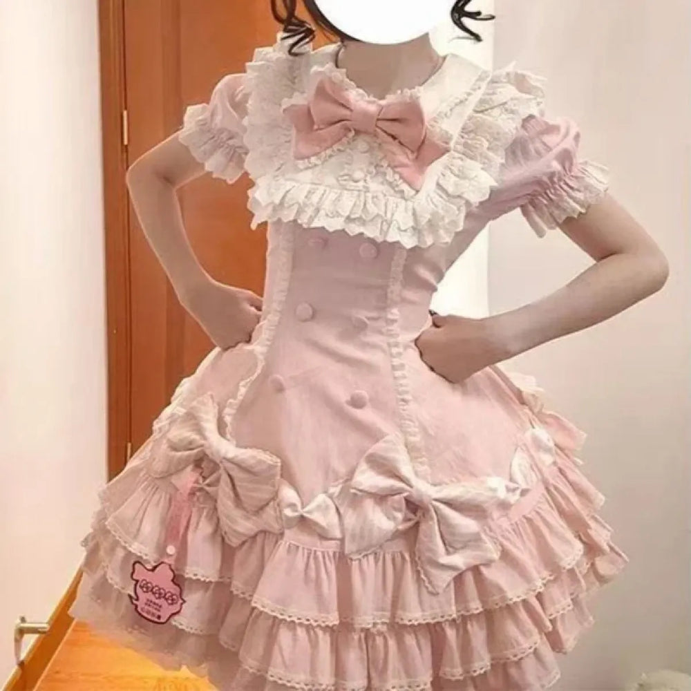 Sweet Lolita Pink Bow Ruched Mini Dress - All Dresses - Lolita Dress - 1