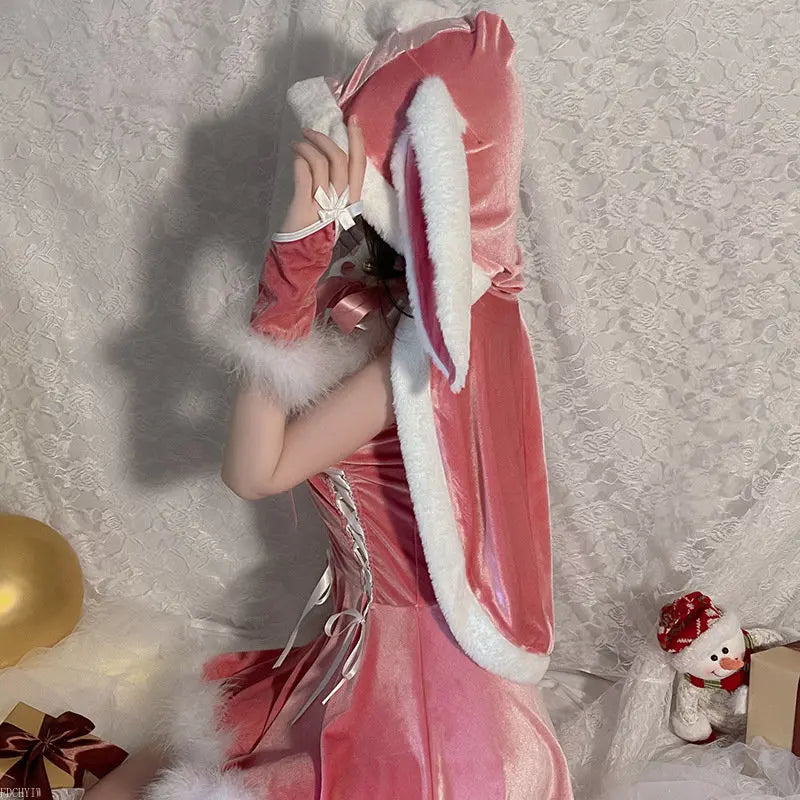 Hooded Pink Christmas Bunny Set - Kawaii Stop - Bunny Ears, Celebration, Christmas Bunny, Costume Set, Cute, Festive Goddess, Festive Stockings, Holiday Cheer, Holiday Spirit, Playful, Polyester, Santa Hat, Unique, Women's Clothing