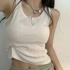 Ribbed Button Down Sleeveless Tank Top - Women’s Clothing & Accessories - Tank Top / Cami - 28