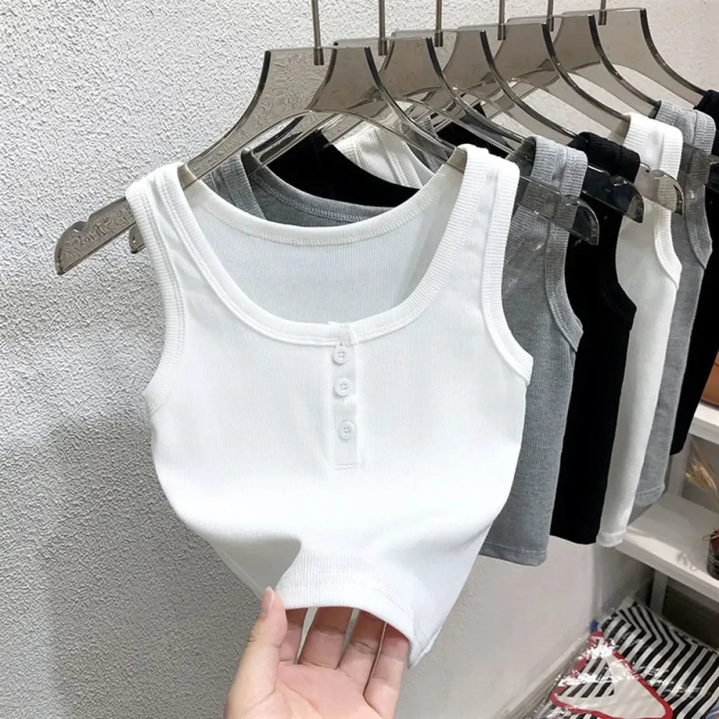 Ribbed Button Down Sleeveless Tank Top - Women’s Clothing & Accessories - Tank Top / Cami - 23