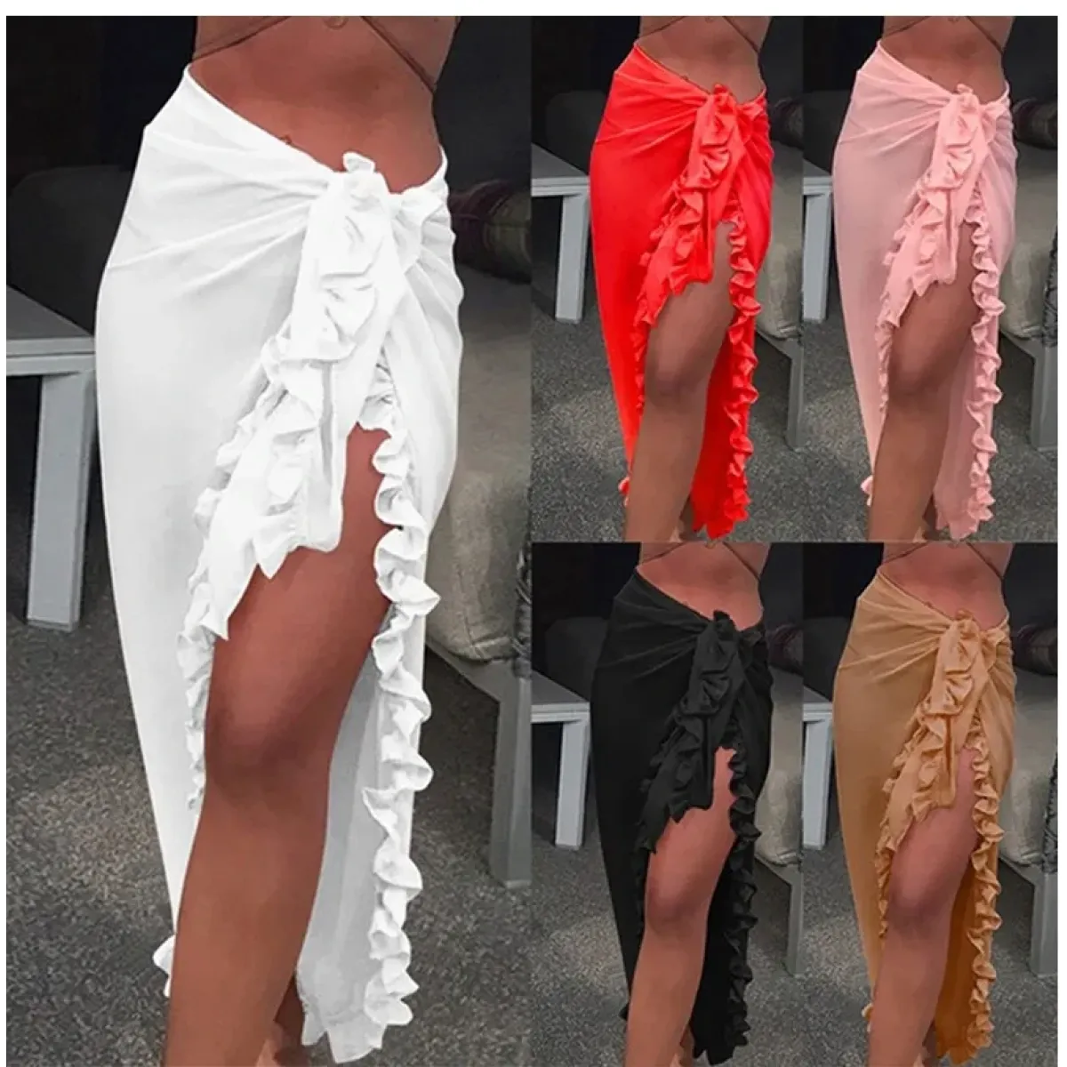 Ruffle Knit Sarong Swim Cover-Up Skirt - Bottoms - Swimsuit / Bikini / One-Piece Swimwear - 1