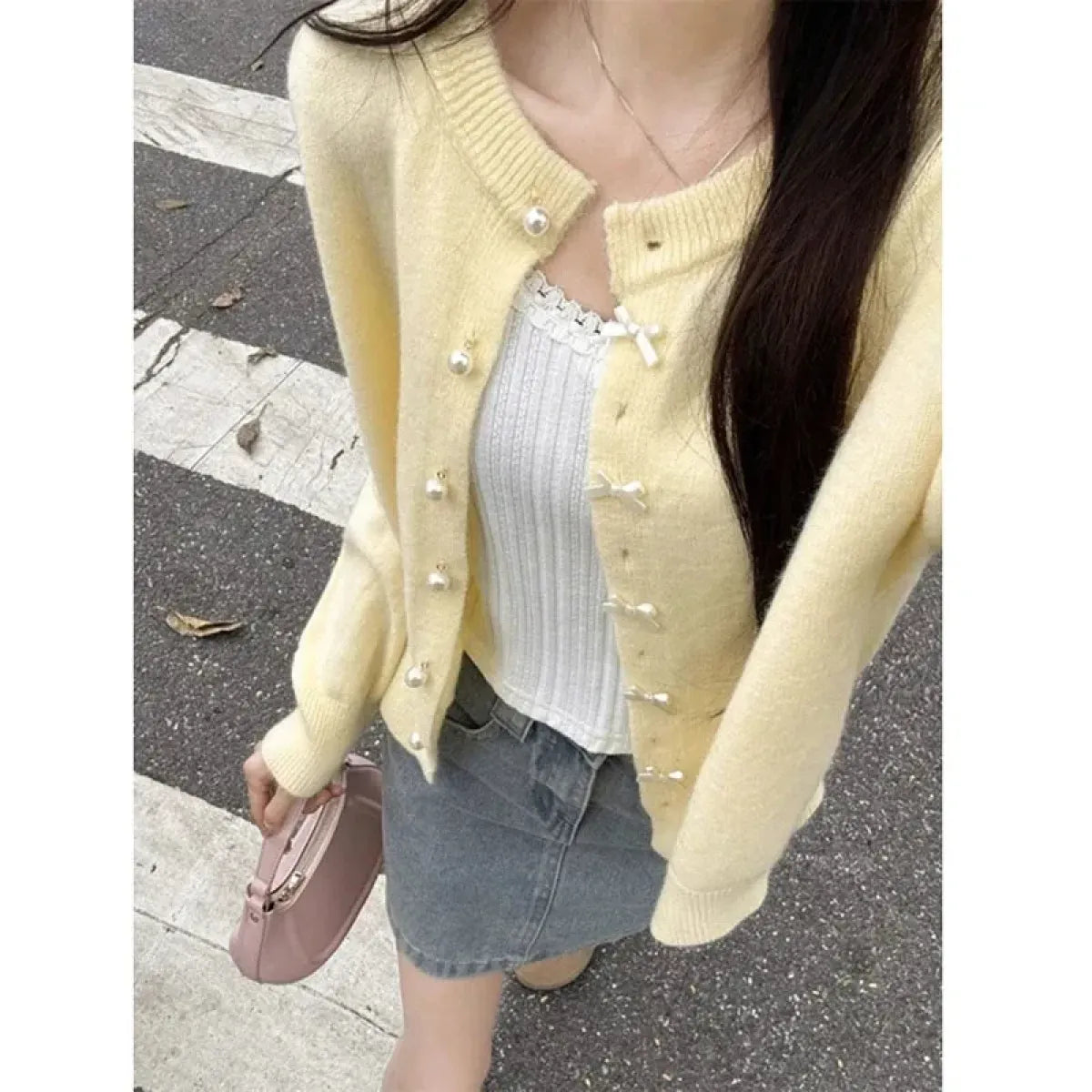 Yellow Bow Knit Cardigan - Women’s Clothing & Accessories - Cardigan - 1