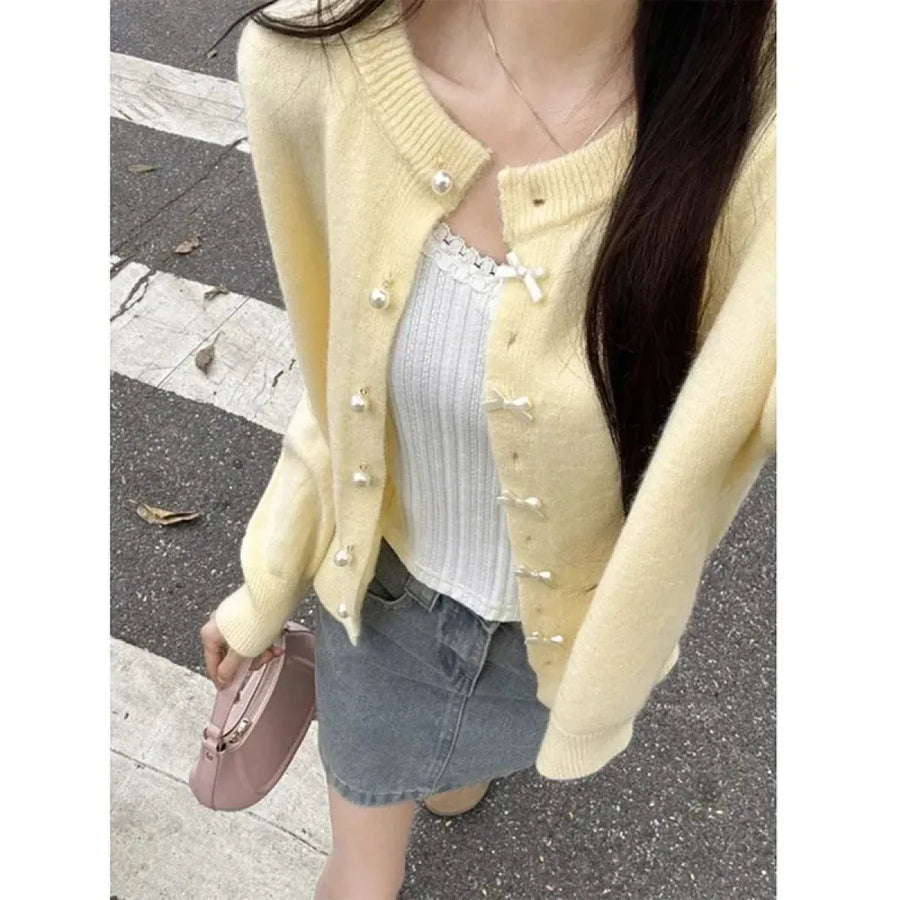 Yellow Bow Knit Cardigan - Women’s Clothing & Accessories - Cardigan - 1