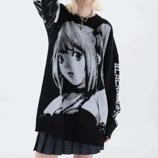 Manga Muse Knit Sweater – Monochrome Anime-Inspired Oversized Pullover