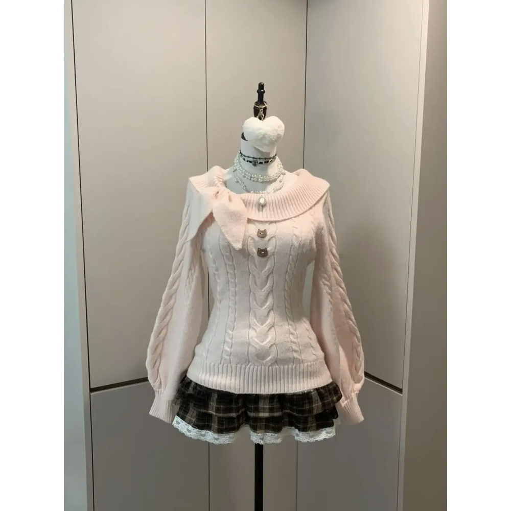 Preppy Bow Knit Sweater Y2K Gyaru Style - Dresses - Sweater / Pullover - 1