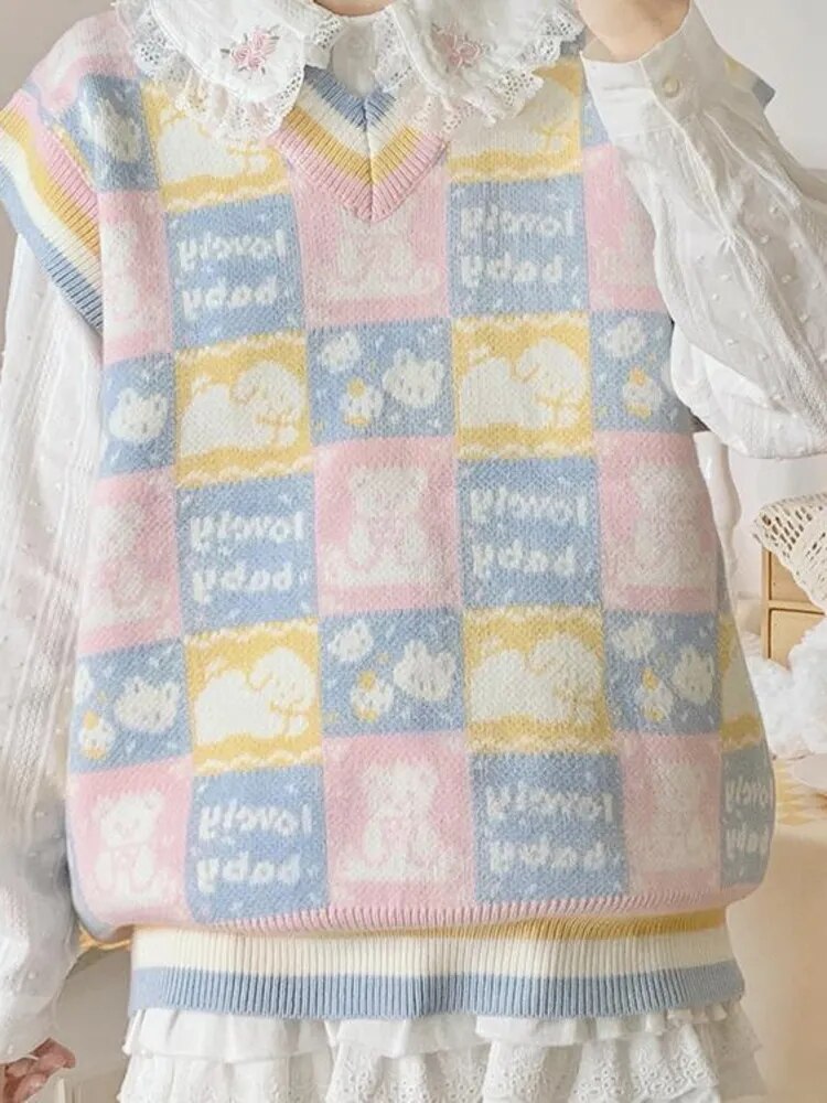 Checkered Bear Knit Vest