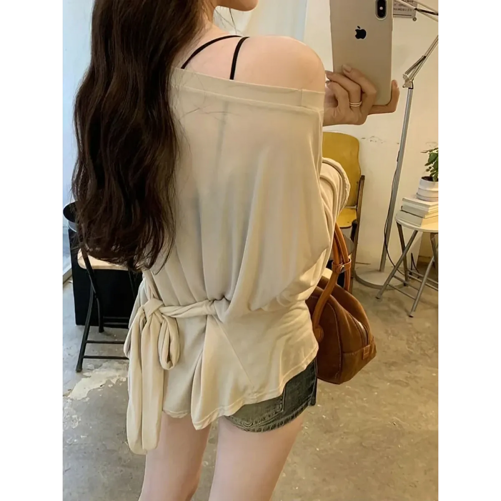 Sheer Off-Shoulder Oversized Long Sleeve T-Shirt - T-Shirts - T-Shirt - 5