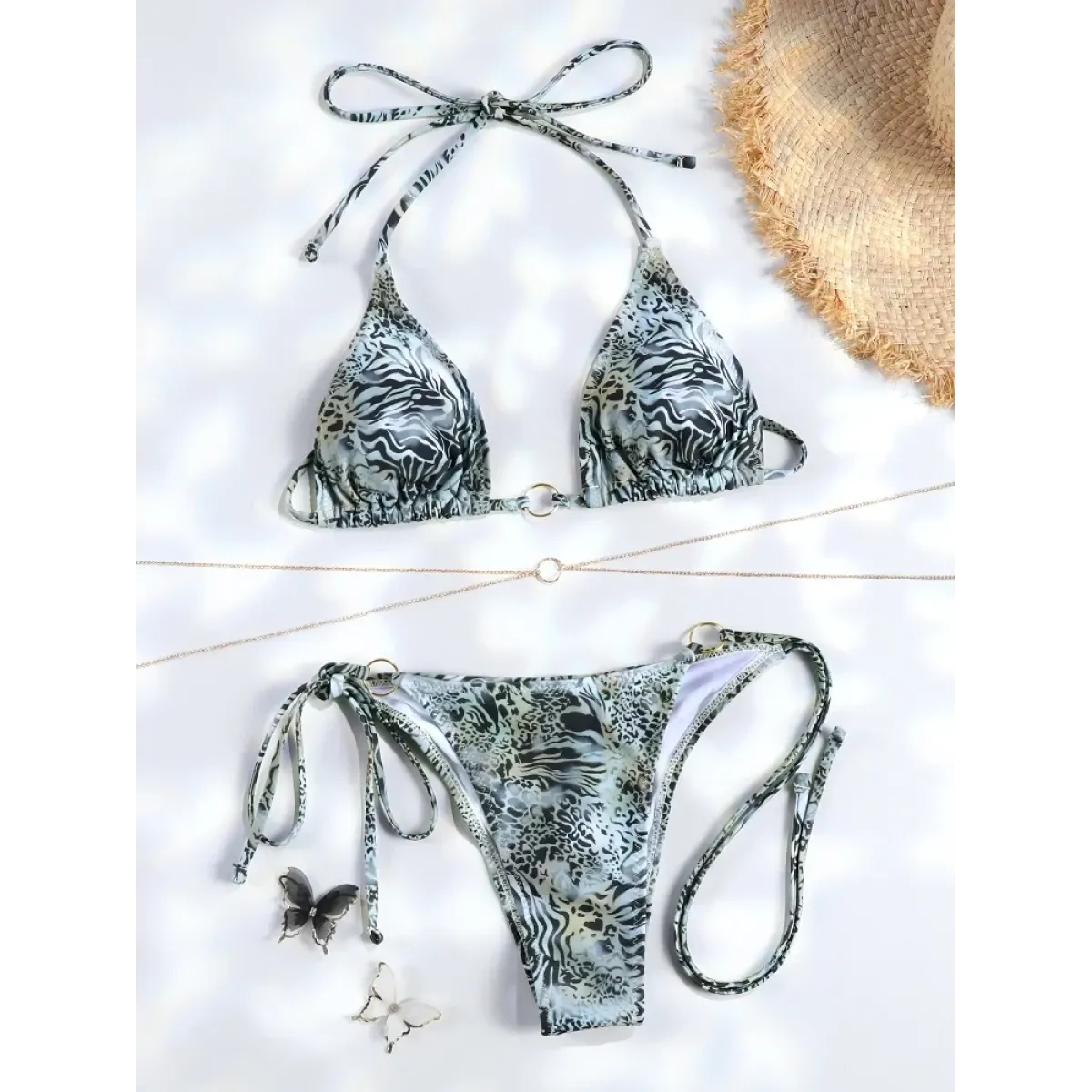 Triangle Chain Print Micro Thong Bikini Set - Swimsuits - Swimsuit / Bikini / One-Piece Swimwear - 5