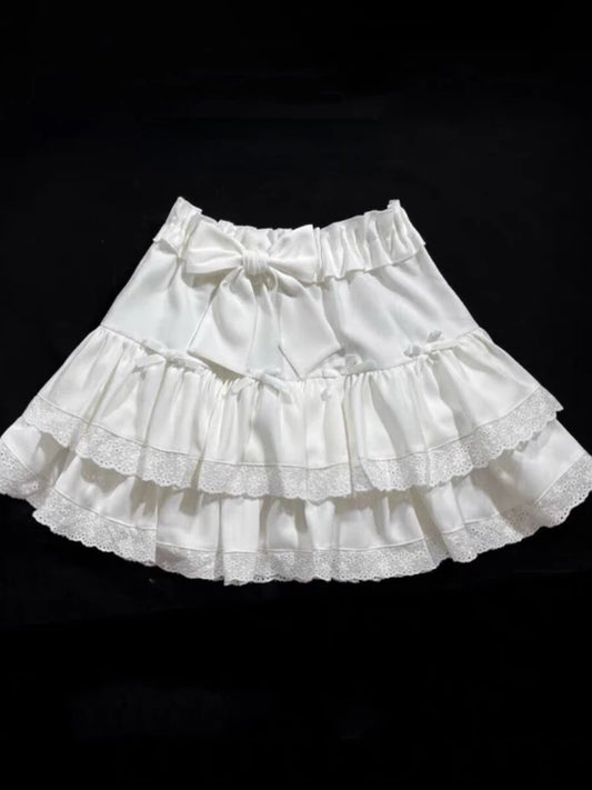 Sweet Bow Lace Ruffles Pleated Skirt - Kawaii Cake Skirt